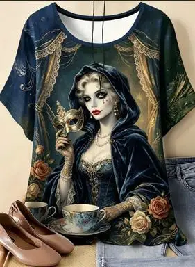 Women Steampunk Lady Gear Print T‑Shirt Retro Vintage Mechanical Graphic Crew Neck Short Sleeve Casual Daily Tops