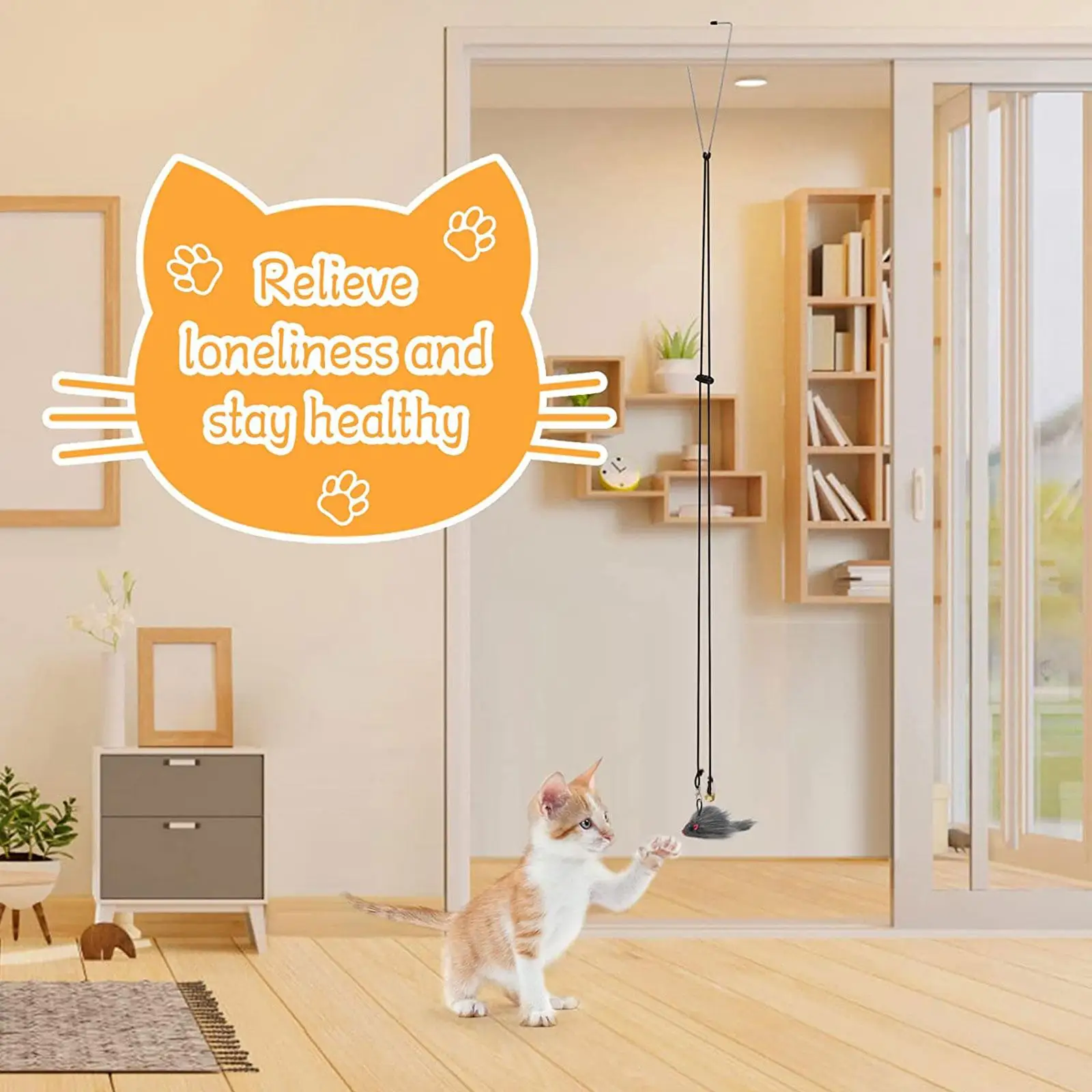 Interactive Cat Toy Hanging Door Retractable Cat Scratch Rope Mouse Long Stick Kitten Feather Toys For Cat Play Exercise H4H3