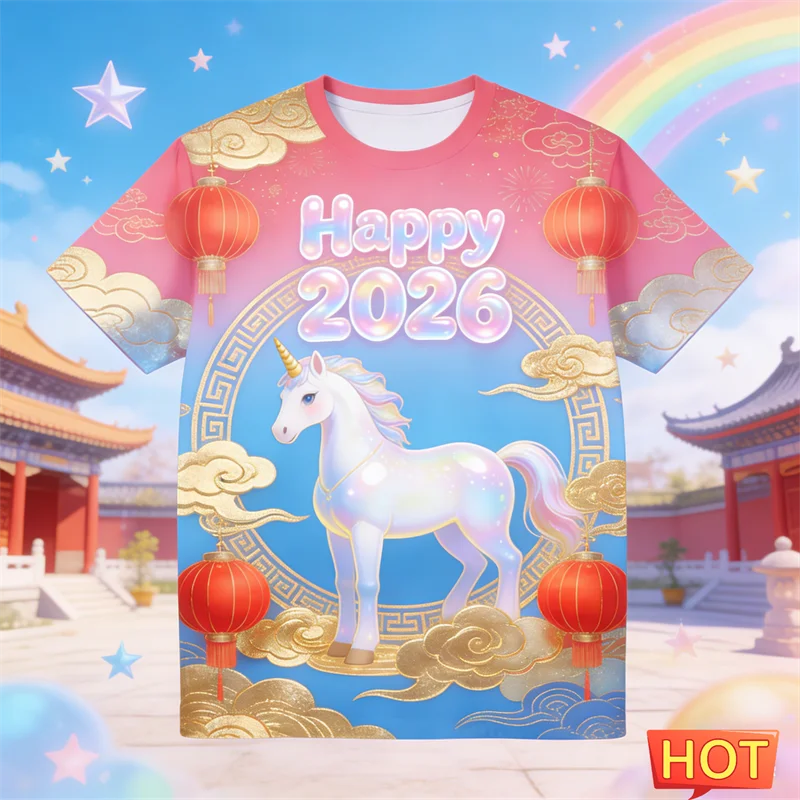 2026 New Horse Graphic New Year T Shirts For Men Fashion Trendy Short Sleeve 3D Printed O Neck T-shirts Casual Oversized Tees