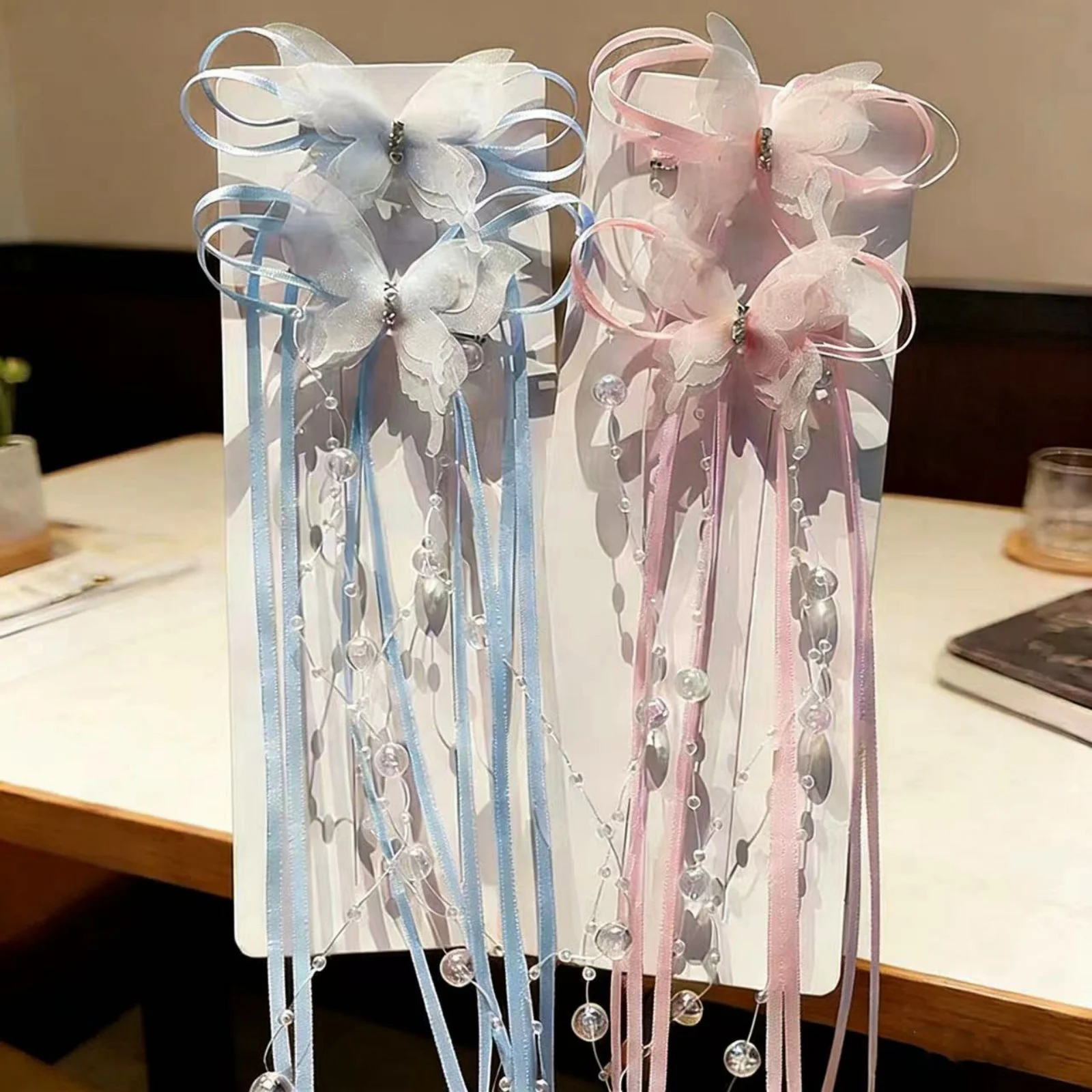 2 Stück elegante Tüll-Schmetterlings-Haarspangen mit Quastenperlen für Frauen und Mädchen, Feenhaar-Accessoires für Hochzeit, Party, Alltag – Detail 1
