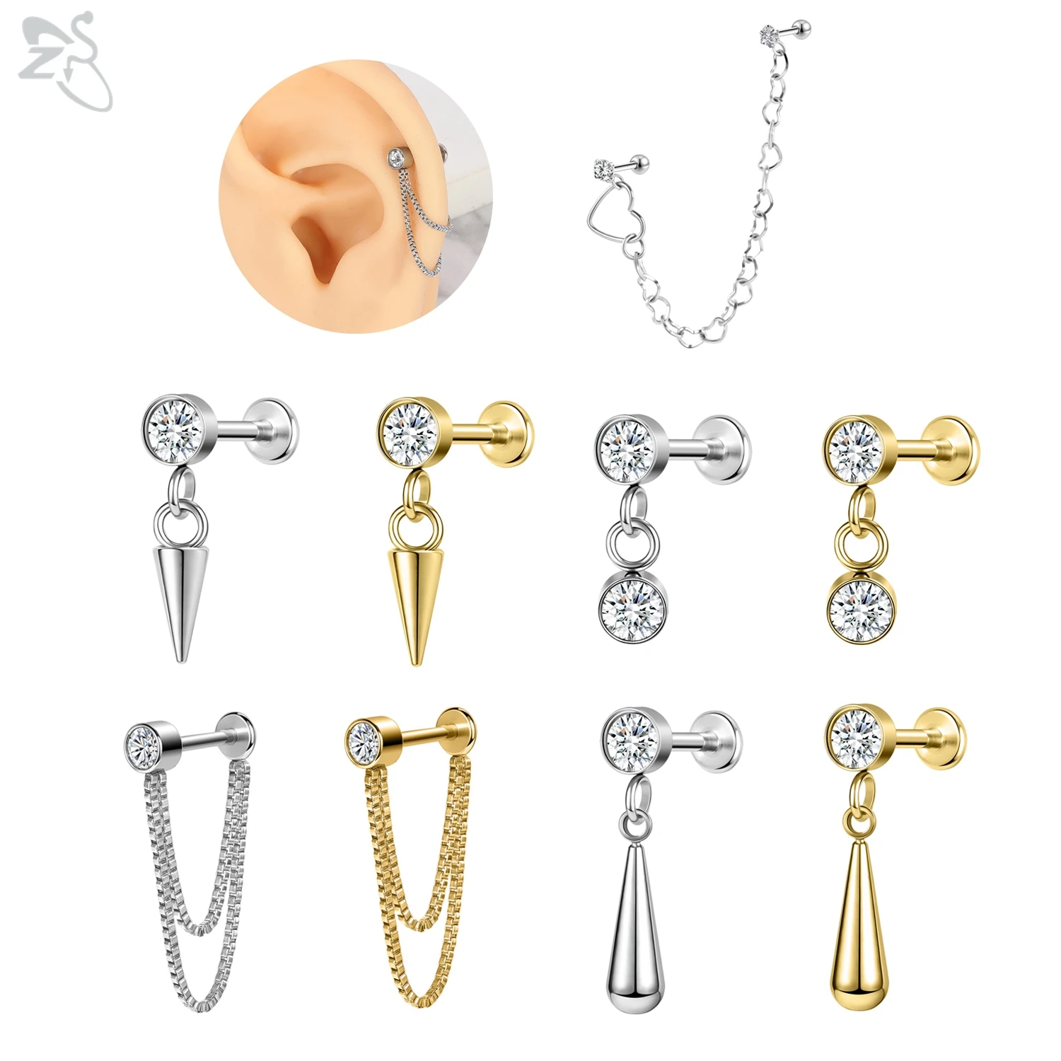 ZS 1 Piece 16G Stainless Steel Tassel Drop Stud Earring Shiny CZ Crystal Ear Studs Cartilage Helix Conch Piercings Jewelry 6/8MM