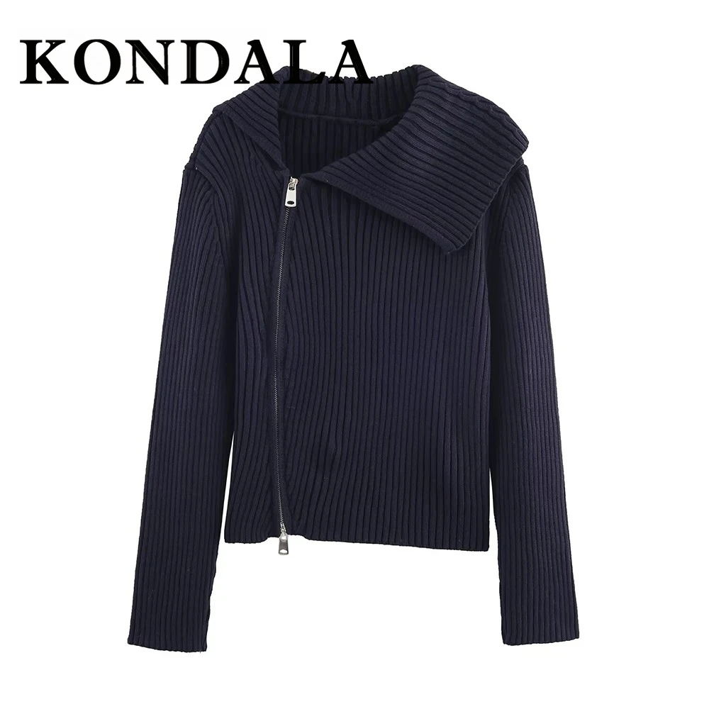 

KONDALA Casual Blue 2025 Knit Women Knit Vintage Sweaters Asymmetric Zipper Knitwear Streetwear Chic Elegant Female Slim Sweater