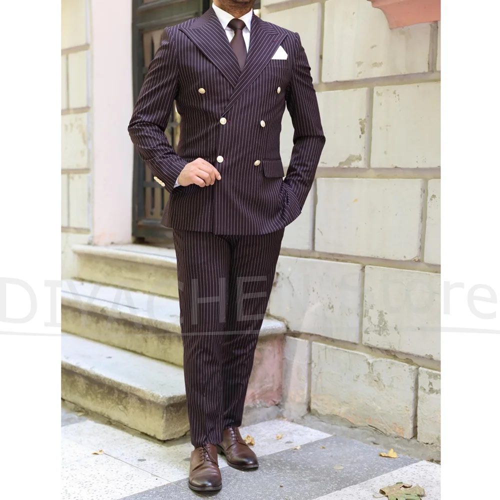 

Chic Striped Men's Suits Formal Business Casual Slim Outfits Blazer Sets Fashion Peak Lapel Double Breasted Male Suit 2 Pieces