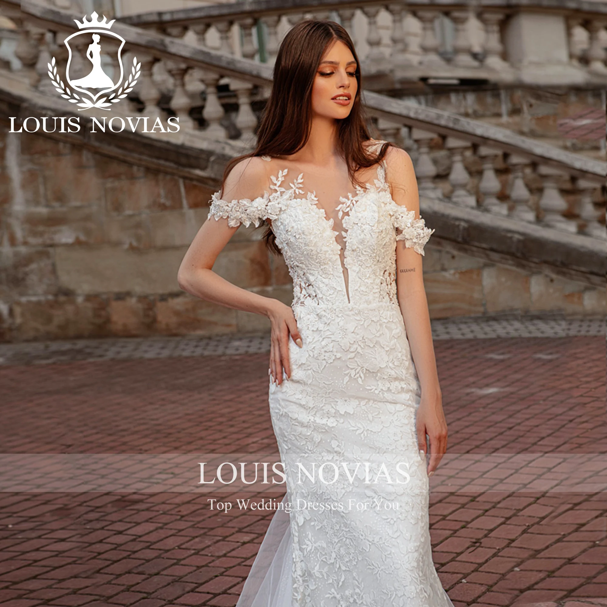 

LOUIS NOVIAS свадебное платье русалки с открытыми плечами сексуальное классическое милое кружевное свадебное платье с аппликацией и иллюзией Vestidos De Novia