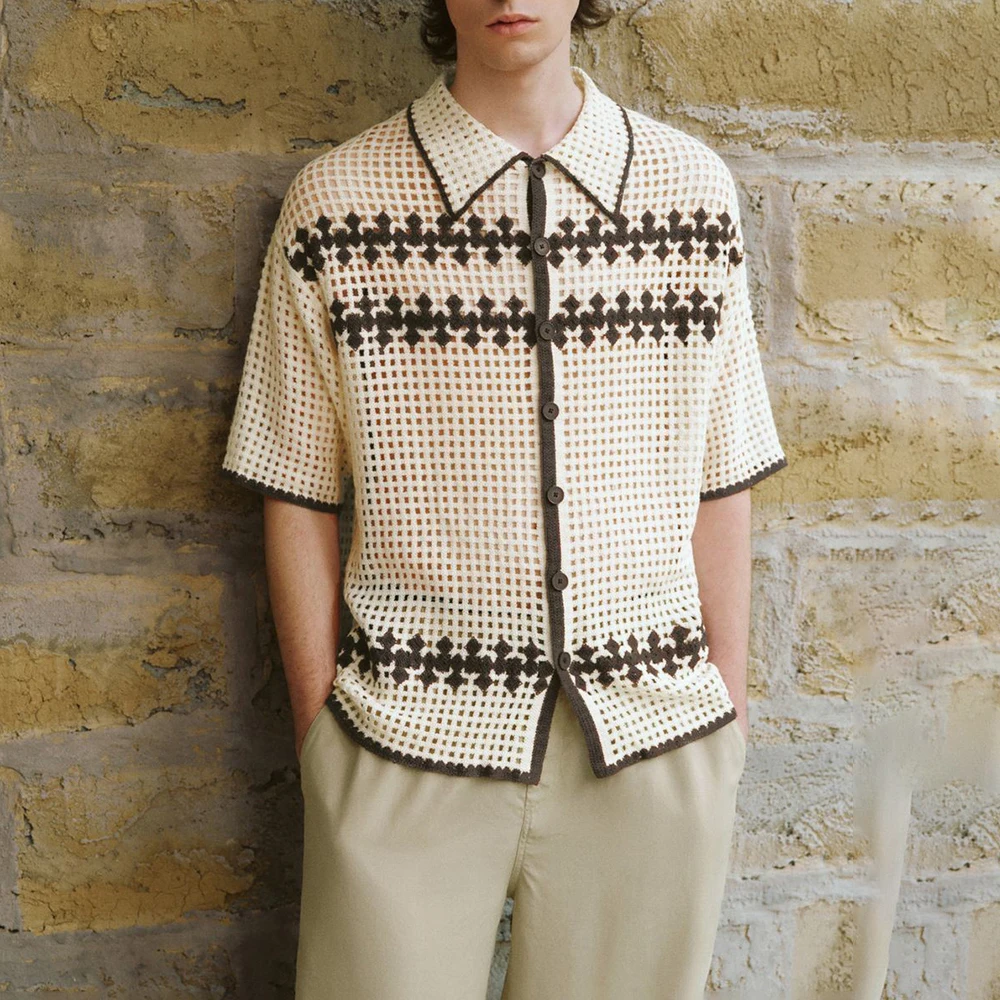 

Summer New Men's Contrast Color Short-Sleeved Knitted Shirt Retro Fashion Trend Leisure Loose Breathable Niche Men's Tops