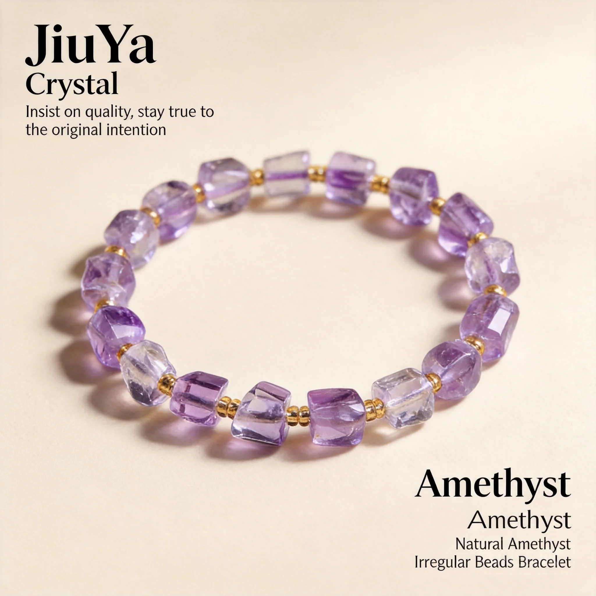 Chinese Style Lucky Blessing Natural Amethyst Irregular Square Sugar Beaded Bracelet Feng Shui Good Luck Wealth Purple Crystal