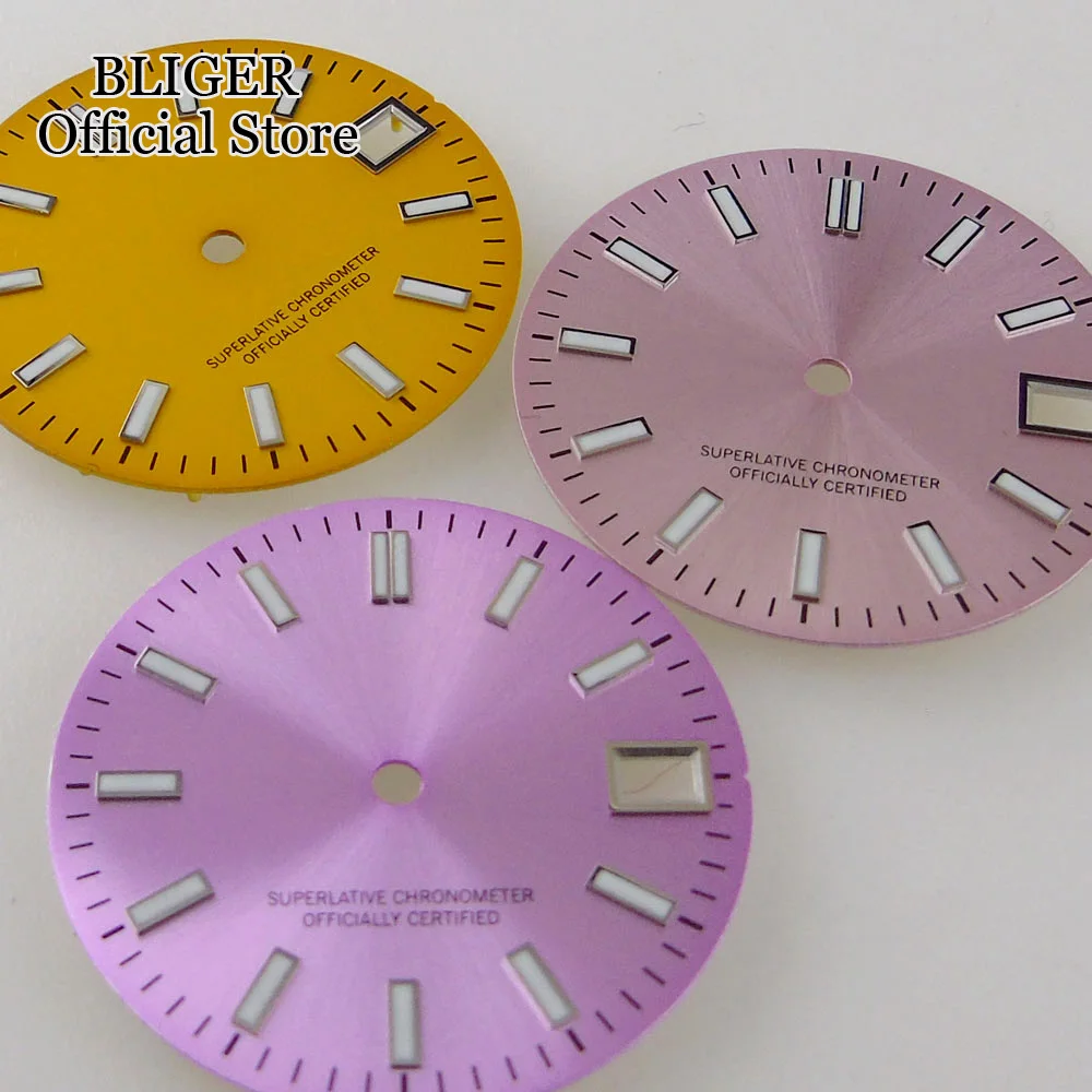 BLIGER 28.5mm Sunburst Pink Silver Watch Dial Face Fit For NH35A NH36A Movement Luminous Hands Date Window Watch Parts