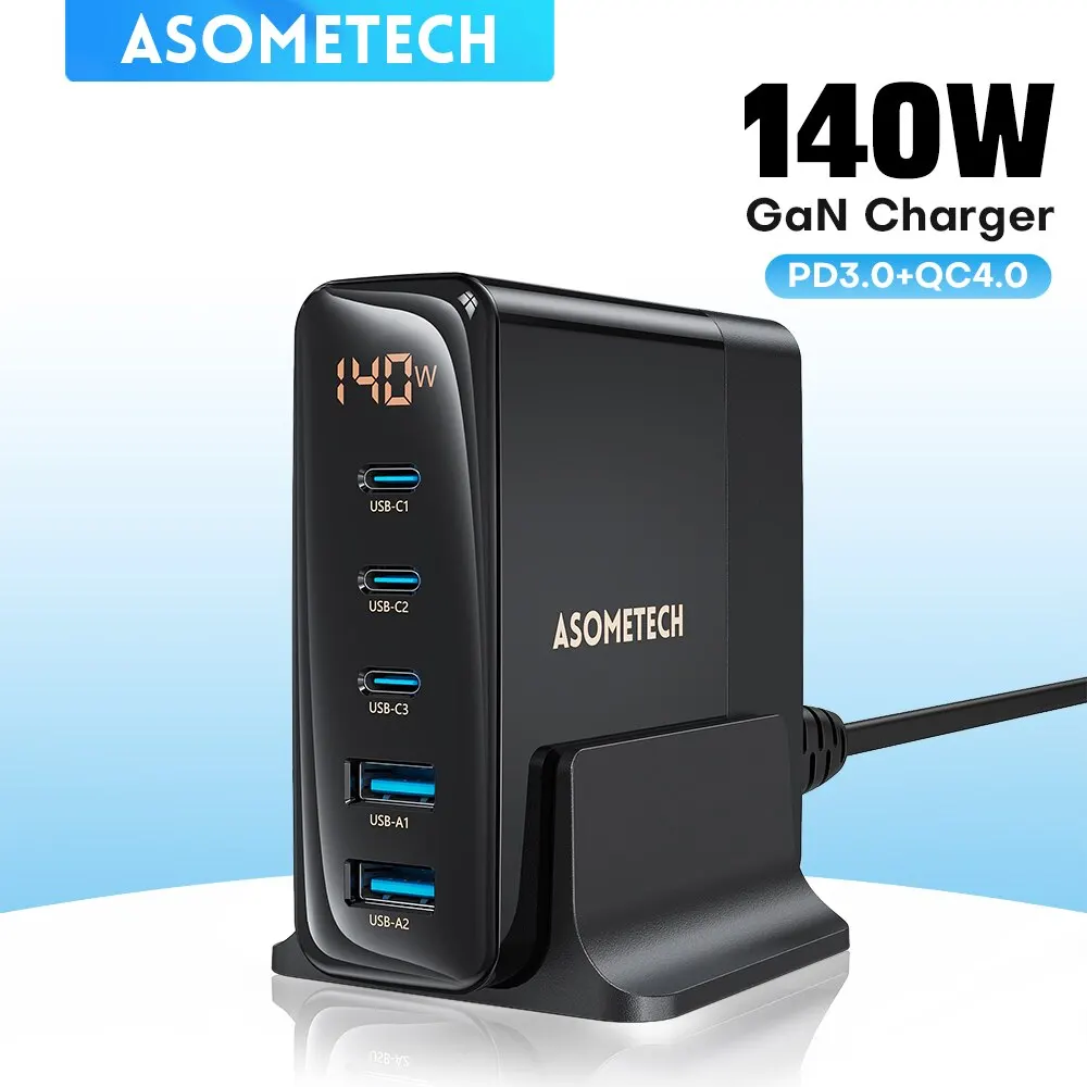 ASOMETECH 140W GaN Charger Desktop USB Charging Station 5 USB Ports PD 100W PPS USB Fast Charger For Macbook iPhone Samsung S22