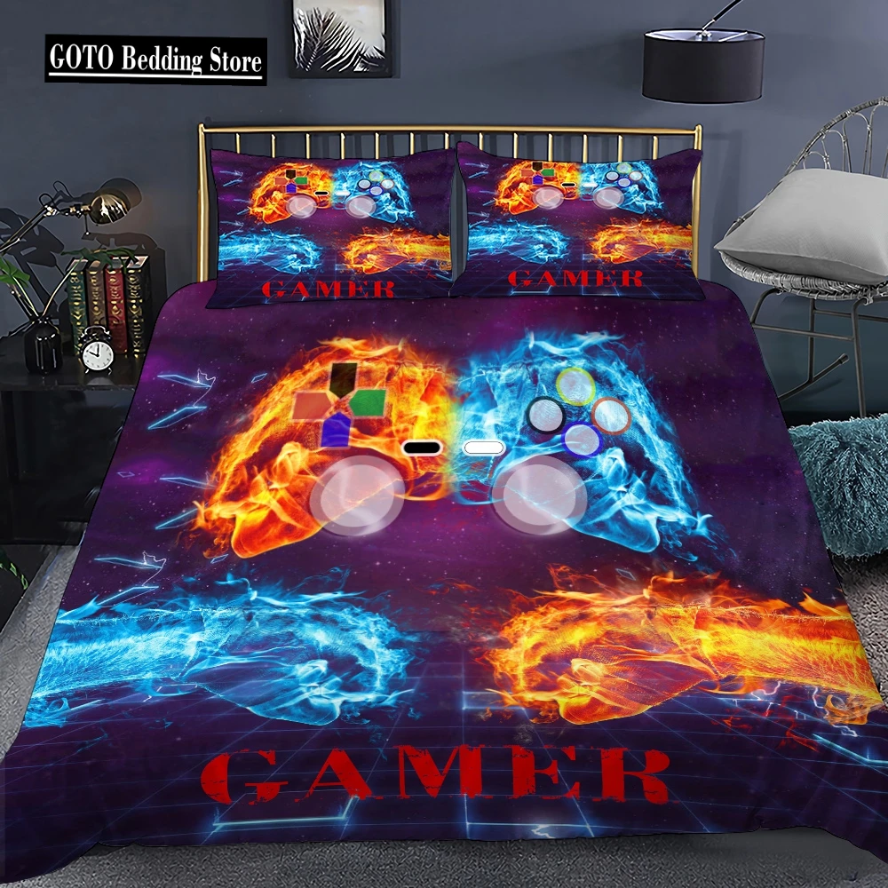 3d Flame Gaming Comforter Cover Set for Boys Teens Gamer Room Decor Game Controller Bedding Set,Kid Gamepad Duvet Cover Bedroom