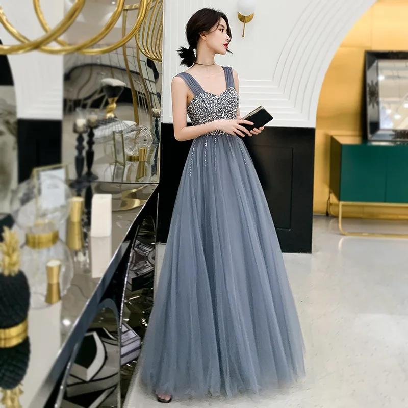 

Fashion Women Suspender Evening Dresses Beading Sequins Backless Tulle Floor Length Dress Formal Occasion Female Gowns