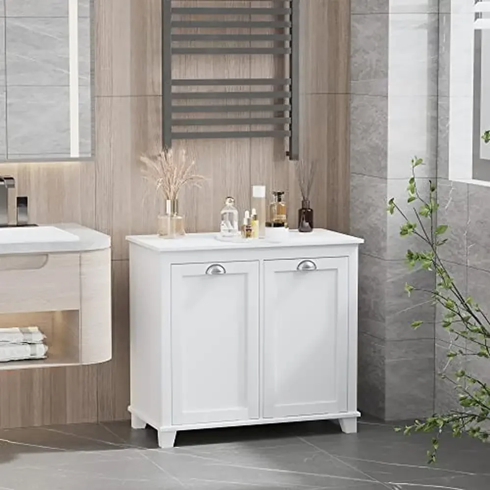 Bathroom Storage Cabinet Dual Tilt Out Laundry Hamper 2-Compartment Organizer Modern Floor  White Wood Construction