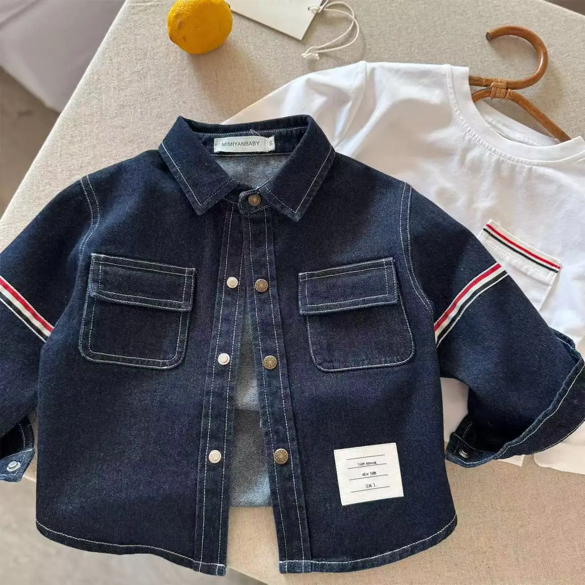 New Children's Shirt 2025 Spring and Autumn Boys and Girls Striped Ribbon Cowboy Shirt Baby Elegant Children's Top