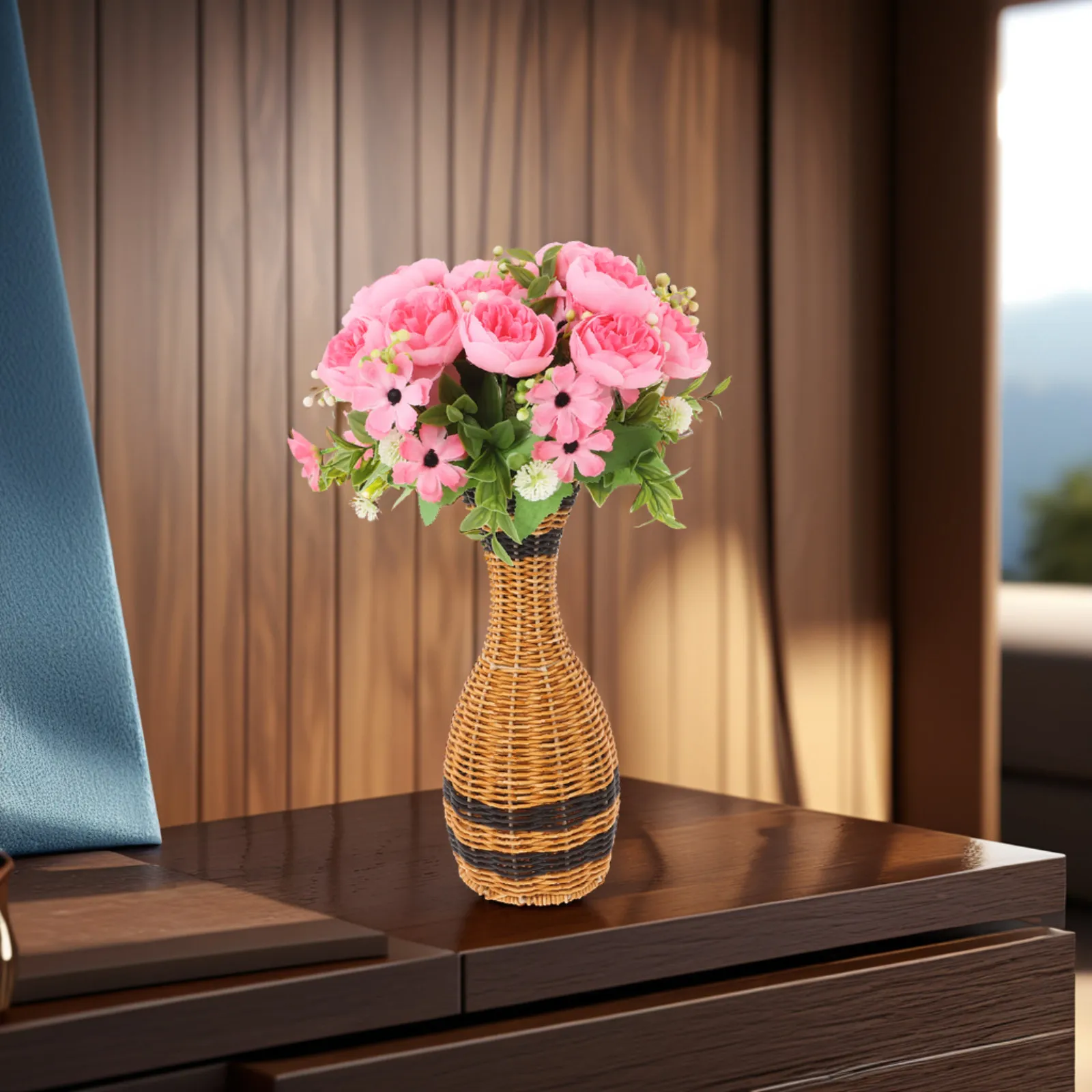 Plastic Woven Flower Vase Rustic Elegant Handwoven Imitation Rattan Indoor Decorative Holder for Dried Flowers Office Home Decor