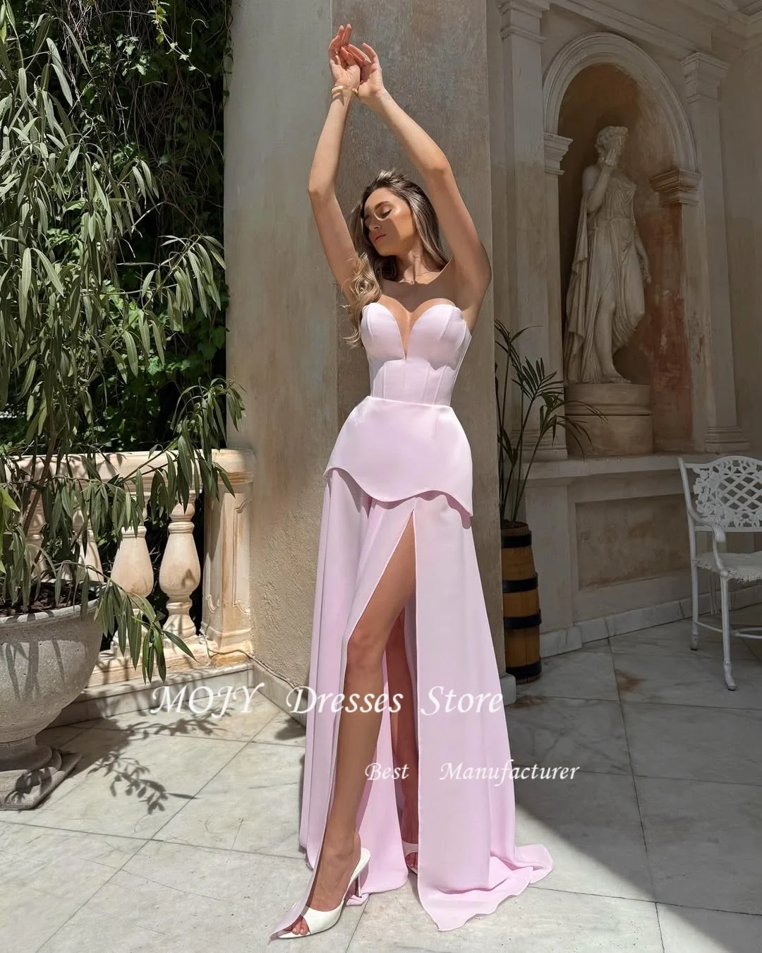 Mojy Pink Sweetheart Neck Customized Party Dresses Sleeveless Side High Split Prom Dresses Lace-Up Floor-Length Evening Dresses