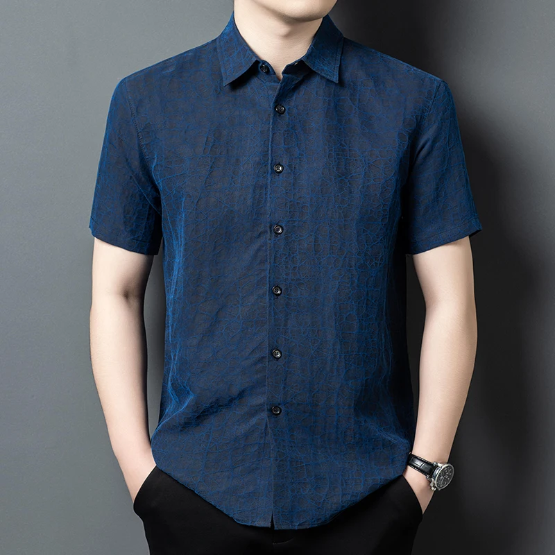 Mulberry Silk Short Sleeved Shirts For Men Crack Skin-Friendly Chinese Style Quality Comfortable Breathable Casual Chemise Homme