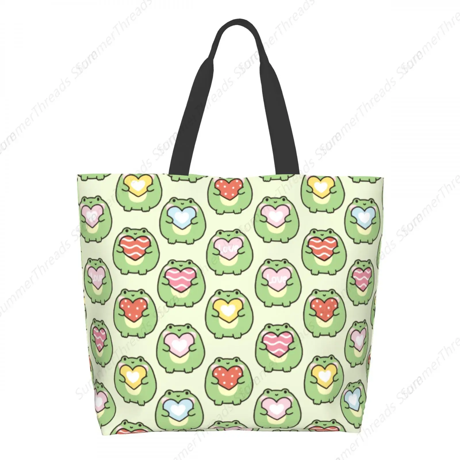 Urocza torba na zakupy z żabą i serduszkami dla kobiet, duża torba z nadrukiem, przenośna torba plażowa, torby na zakupy wielokrotnego użytku, wodoodporna.