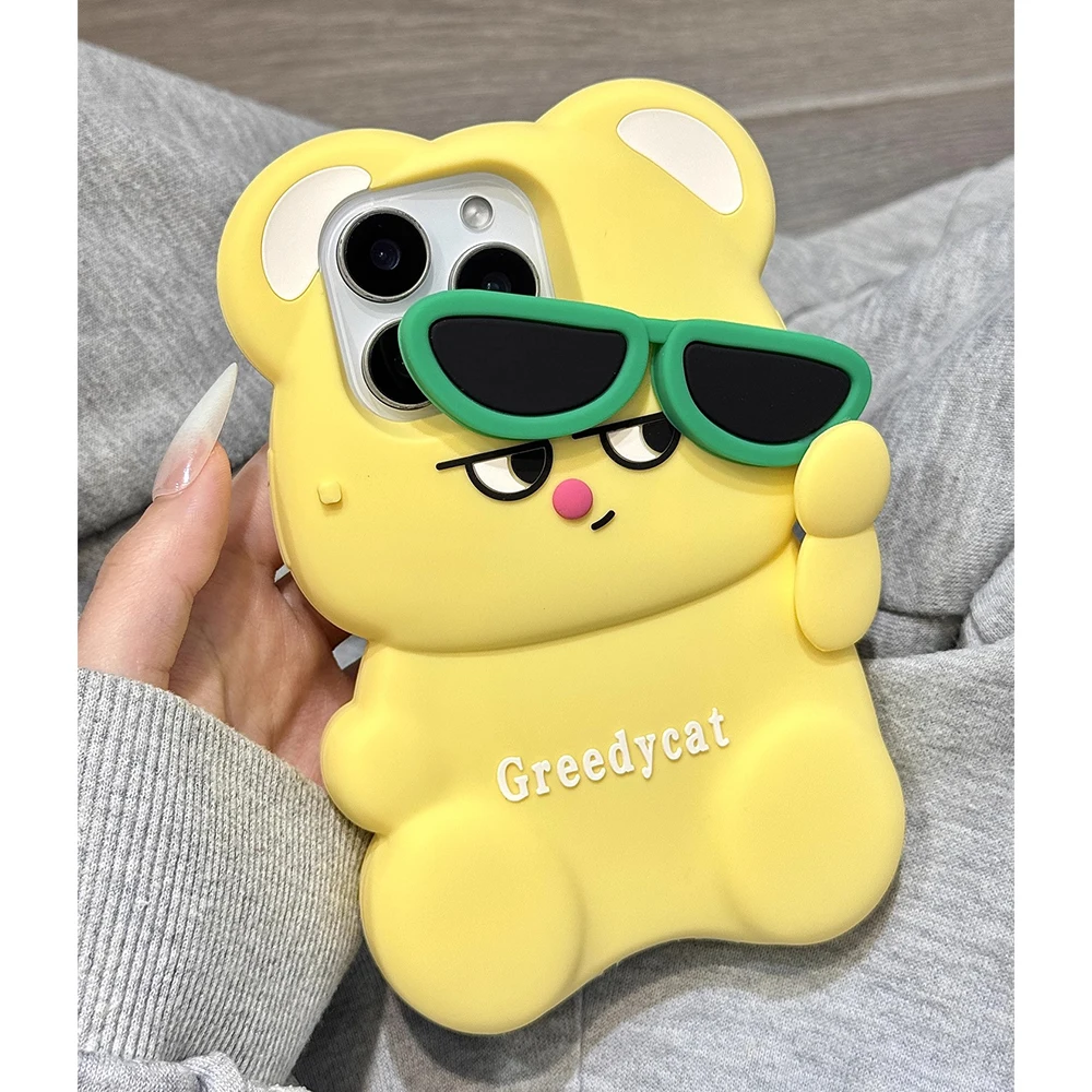 

3D Funny Yellow Bear Cartoon Silicone Phone Case for IPhone 16 15 14 13 12 Pro Max 15Plus Cute Soft Shockproof Back Cover Case
