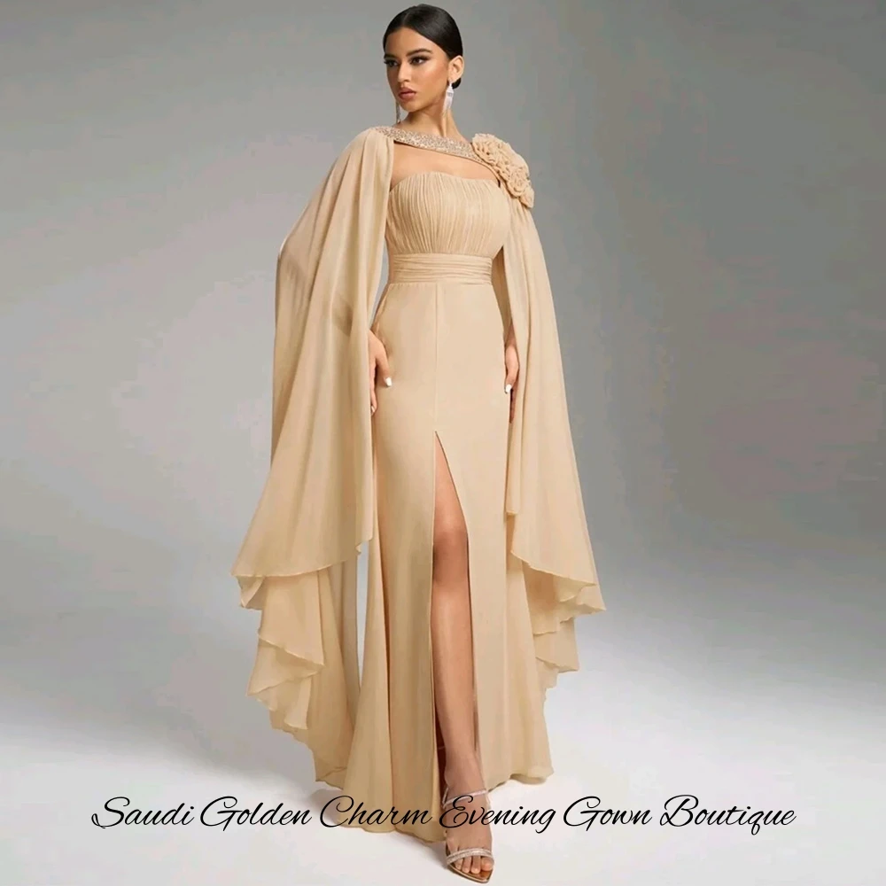 

Customized Soft Chiffon Evening Dress Sexy Strapless Sleeveless Prom Dresses with Shawl Delicate 3D Flowers Sequined Party Gowns