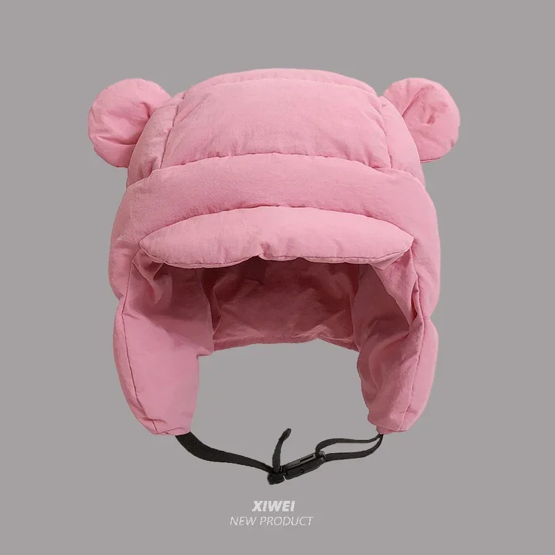 Ins New Cute Bear Ears Padded Bomber Hats for Women Autumn Winter Outdoor Warm Casual Versatile Retro Pilot Caps for Men