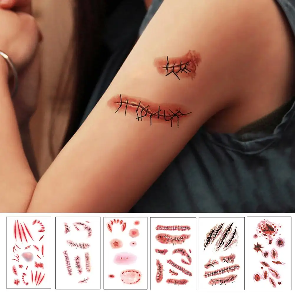 Nueva pegatina de tatuaje de cicatriz de herida de Halloween para mujeres y hombres, pegatina de tatuaje de arte corporal para brazo, simulación impermeable de arañazos para heridas Par N0Z3