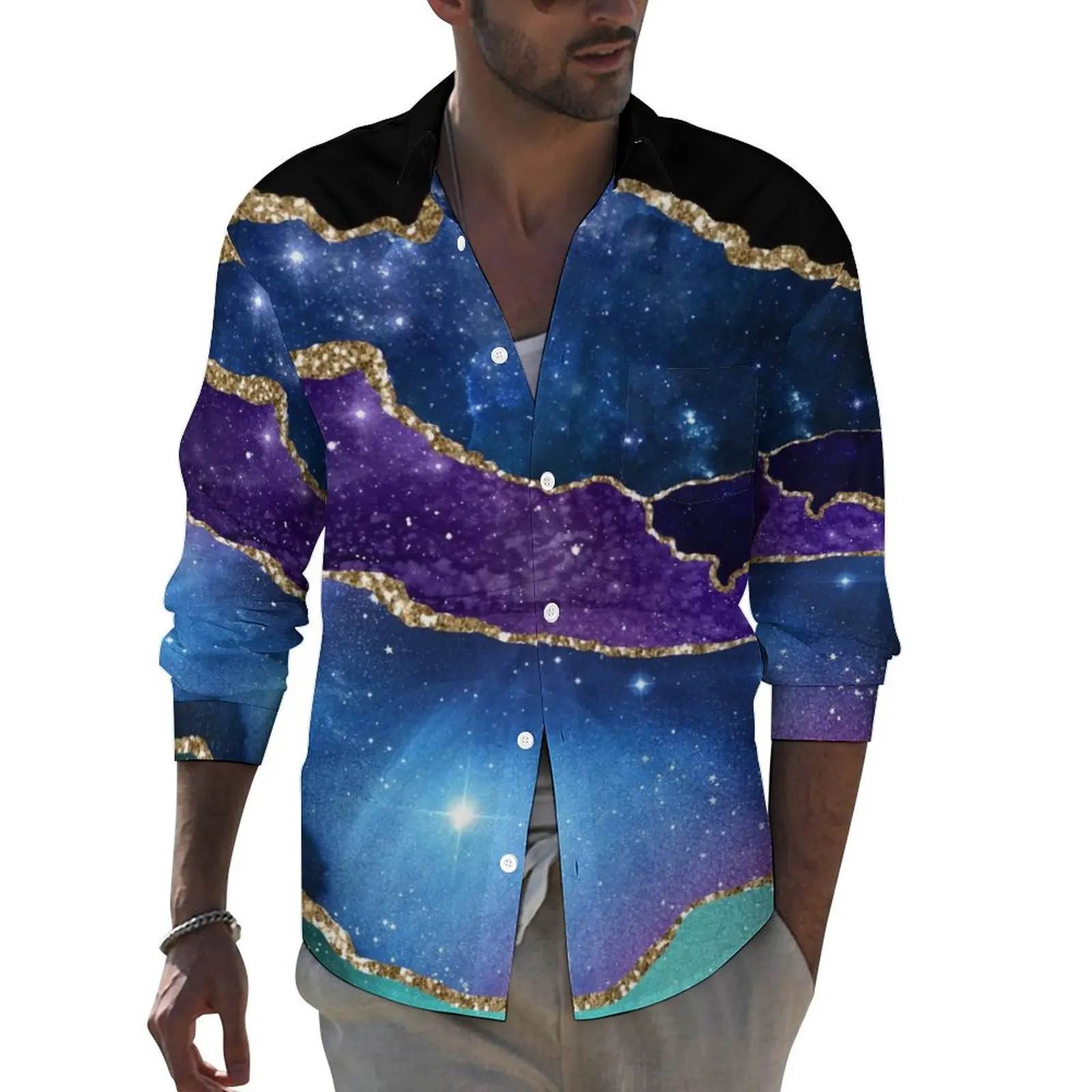 

Gold Glitter Marble Casual Shirts Male Purple Teal Print Shirt Long Sleeve Novelty Y2K Blouses Spring Custom Clothes Plus Size