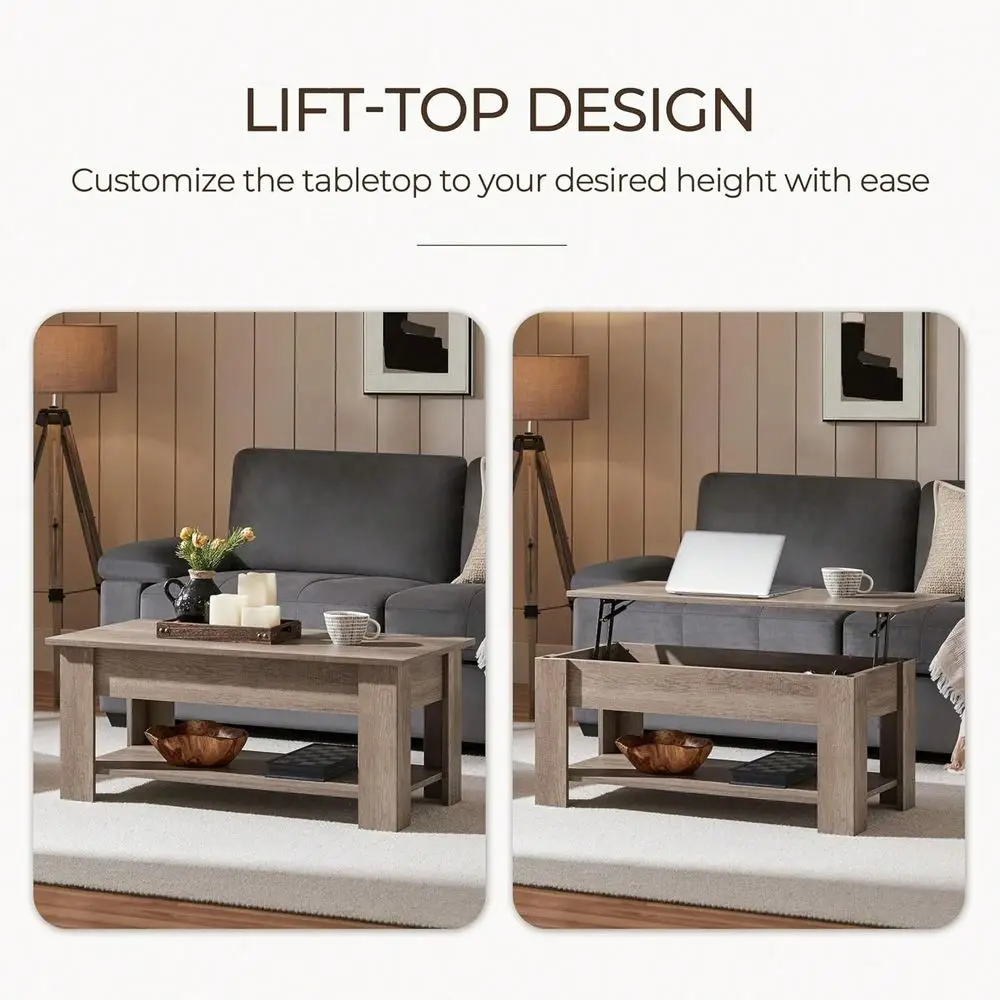 Top Coffee Table With Hidden Compartment And Storage Shelf, Rising Tabletop Dining Table For Living Room Reception Room, 38.6in