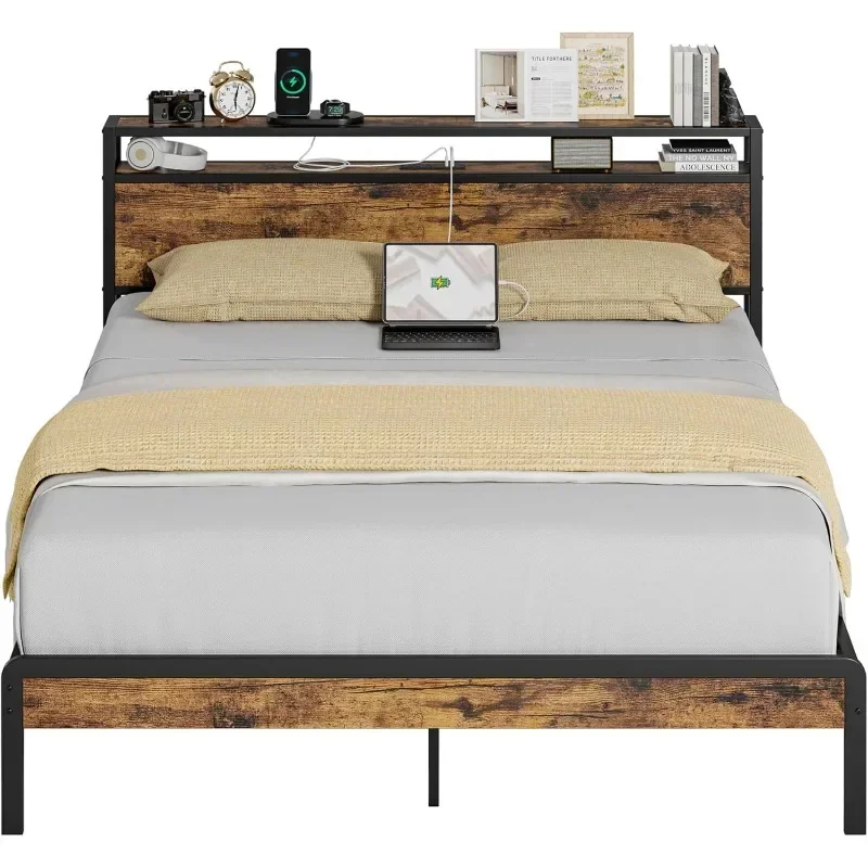 Platform Bed with 2-Tier Storage Headboard and Power Outlets, USB Ports Charging Station, Sturdy and No Noise, No Box Spring