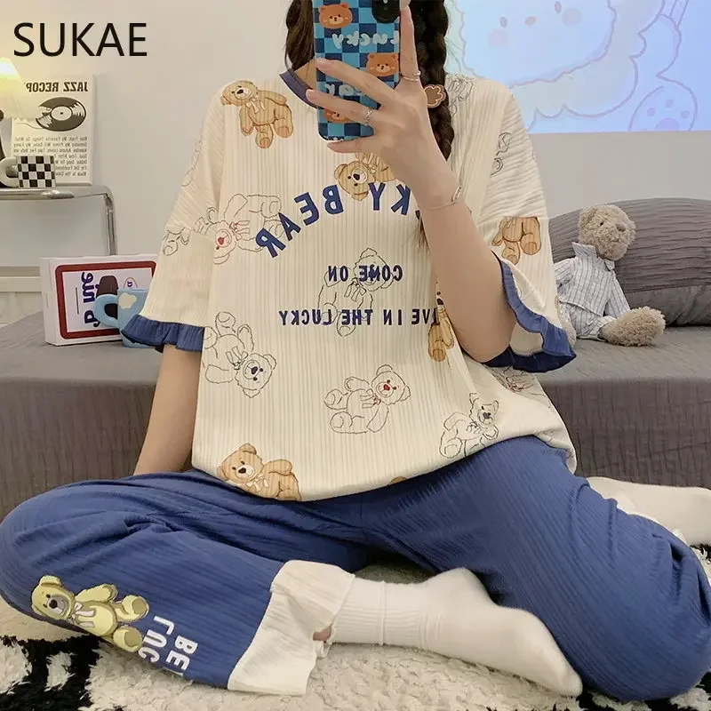 SUKAE Summer New Cotton Cartoon Woman\'s Pajamas Set Short Sleeves Long Pants Girl Pijama Casual Women Clothing Fashion Sleepwear