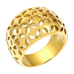 Luxury Hollow Design Wide Ring Men Women Gold Plated Waterproof Stainless Steel Ring High Quality Jewelry Wholesale Accessories