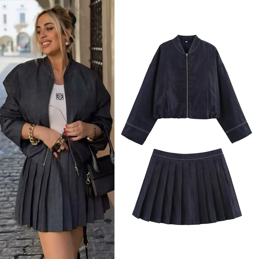 2025 Fashion Women Wide Pleated Mini Skirt Sets Outfit New Bomber Long Sleeve Denim Jacket Coat Female 2 Pieces Skirt Suit