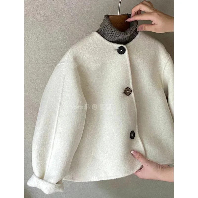 Wool Korea Boys Girls Coat Autumn Spring New Tops Childrens Clothing Outerwear Round Collar 2024 Button Soild Fashion