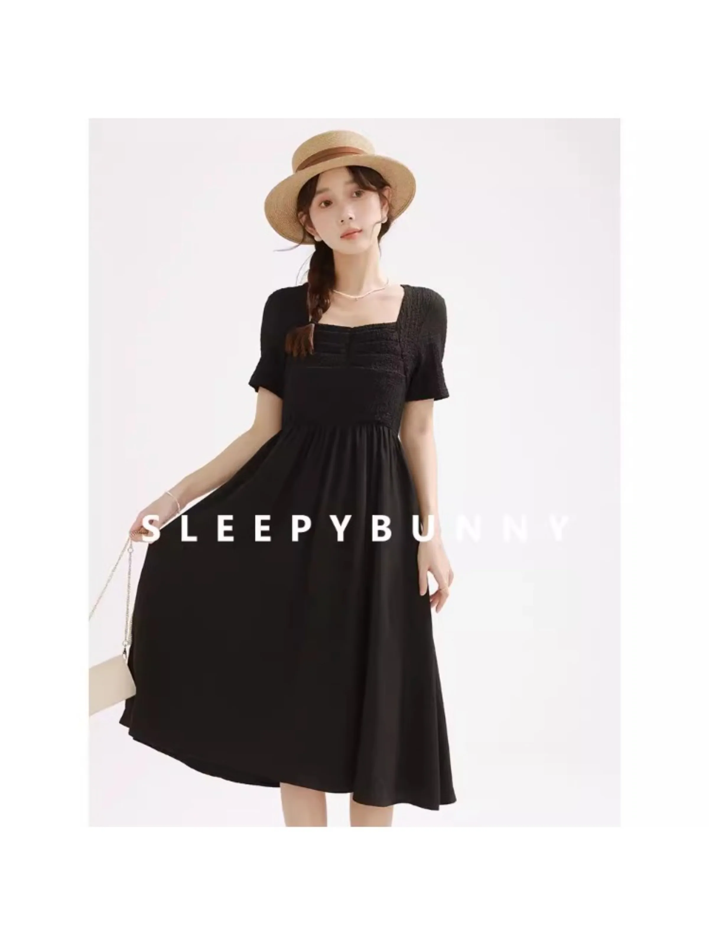 

Elegant Black Midi Dress Women Square Neck Summer Dress Slim Waist Short Sleeves Chic Off Shoulder Long Skirt Casual Date Look