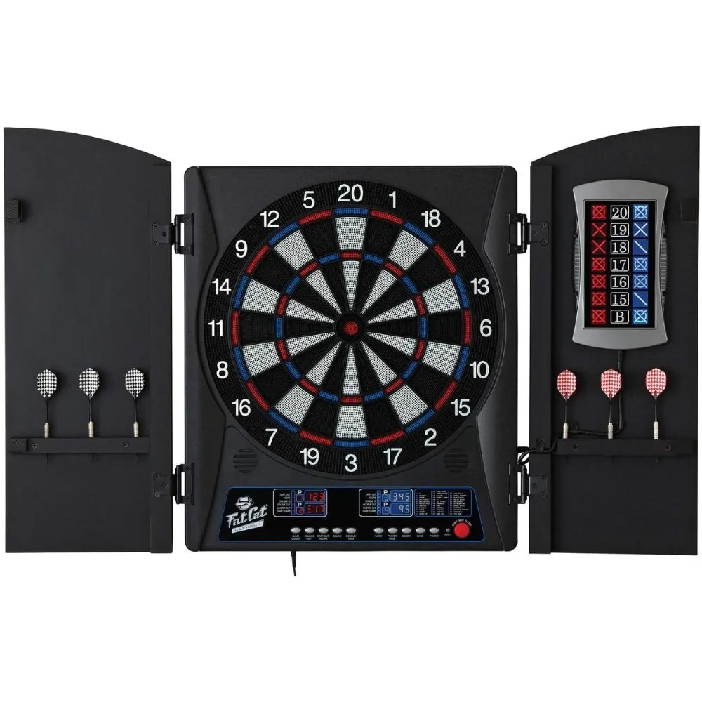 Electronic Dartboard, Built In Cabinet Doors With Integrated Scoreboard, Dart Storage For 6 Darts Dual Display In Two Colors