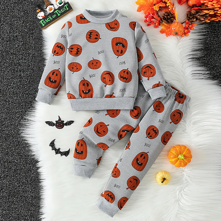 2-teiliges Herbst- und Winter-Kinder-Halloween-Set mit niedlichem Print-Sweatshirt und Hose für Jungen und Mädchen, Thanksgiving-Mode-Set – Detail 8
