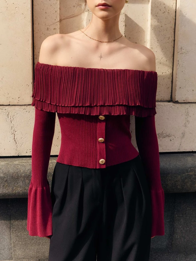 2025 Winter Fashion French New Women's Elegant and Sexy One Shoulder Strapless Hoodie with Trumpet Sleeve Sweater  Jumper