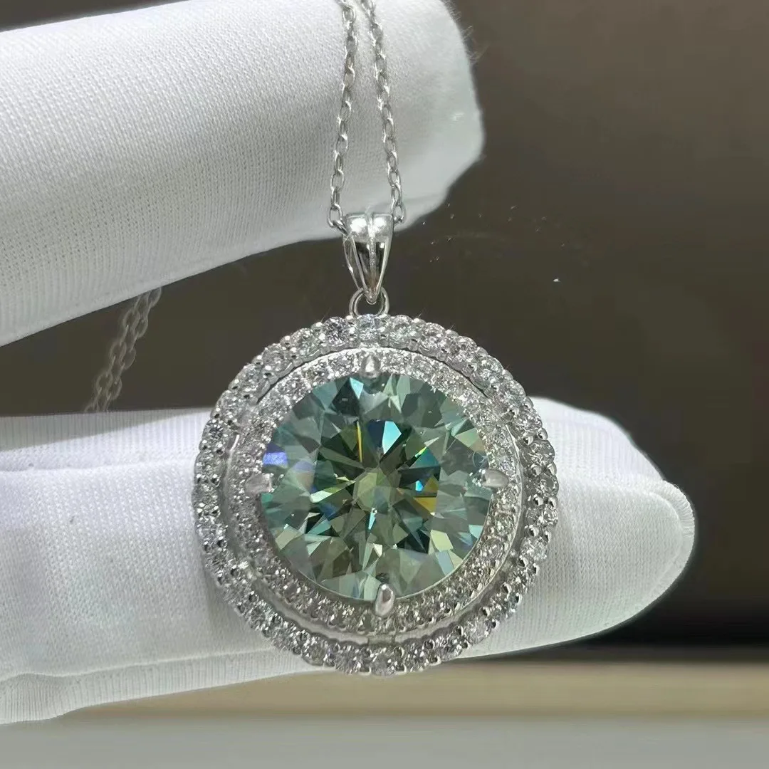 10CT Green Moissanite Necklace with Certificate, 925 Sterling Silver Simulated Diamond Pendant