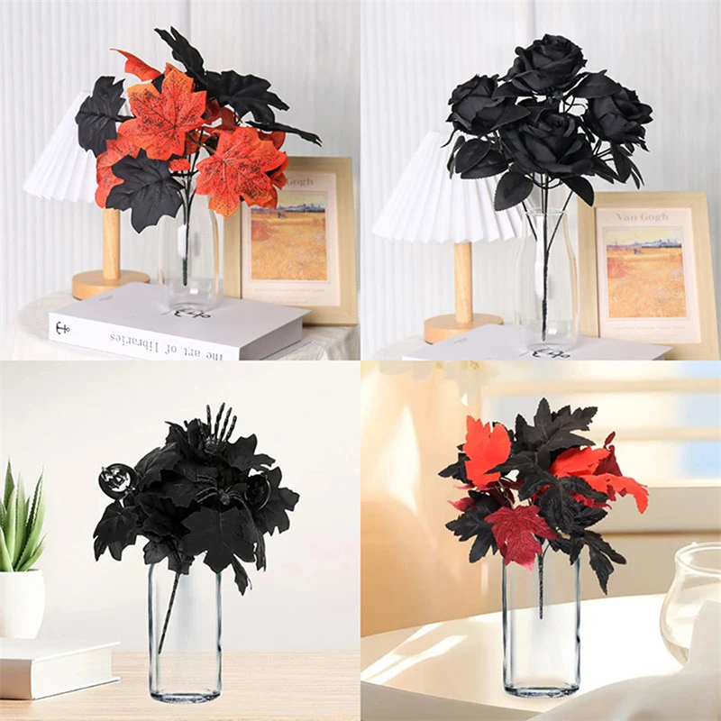 1Pc Black Artificial Maple Branch Stems Halloween Flowers Leaves Plant Plastic Bundle Skeleton Palm Photo Props Home Decors