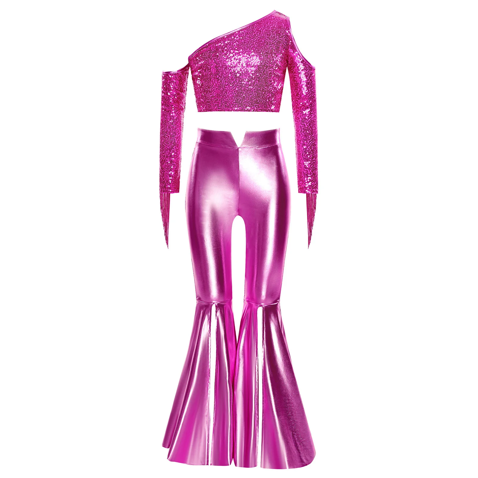 Kids Girls 80s Disco Dance Costume One Shoulder Long Sleeve Crop Top with Bell-bottoms for Lyrical Belly Jazz Dance And Pageant