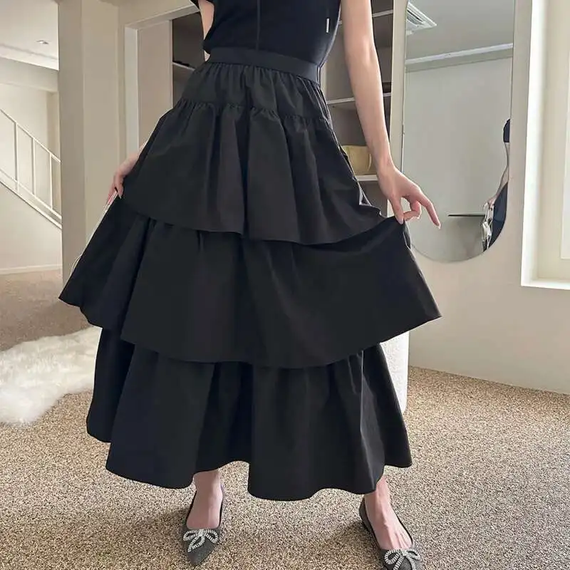

Korean Chic Temperament Casual Versatile Elastic Waist Long Layered Cake Skirt Summer Thin New Women Skirt