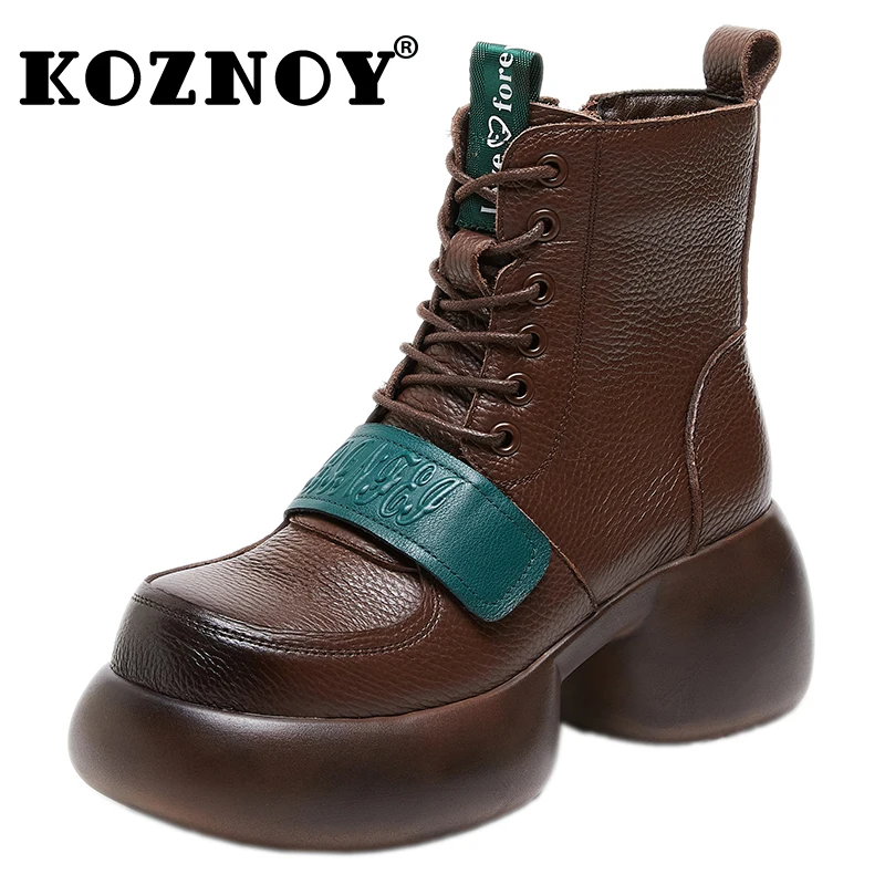 

Koznoy 7cm Woman Cow Genuine Leather Moccasins Ethnic Rero Cowgirl Flats Platform Wedge Autumn Ankle Boots Spring Booties Shoes