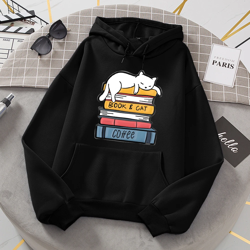 White Cat Sleeping On A Pile Of Books Hoodies Women Novelty Fashion Hoody Loose Oversized Basic New Hoodie Casual Fleece Clothes