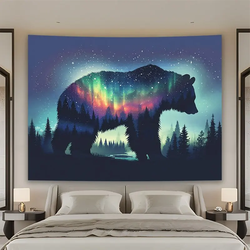 Aesthetic Cosmic Bear Tapestry Wall Hanging Nebula Galaxy Forest Boho Bohemian Starry Night Decor Art