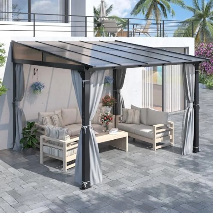 

Outdoor polycarbonate lean-to gazebo for patio, garden, backyard, deck; aluminum frame, slope hardtop; gray; heavy-duty, weathe
