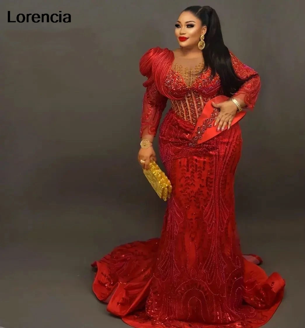 

Customized African Aso Ebi Red Mermaid Prom Dress Beaded Crystals Long Sleeve Black Girls Evening Gown Robe De Sorrie YPD332