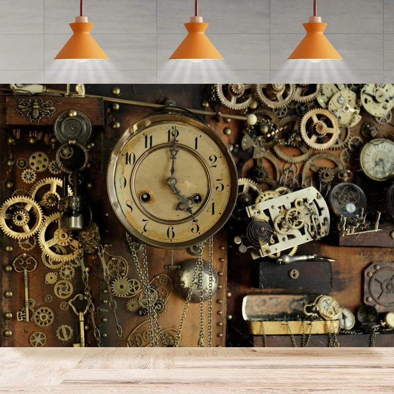 Photography Background Antique Industrial Gear Metal Clock Old Gearwheel Rusty Steam Nostalgia Party Backdrop Wall Banner Decor