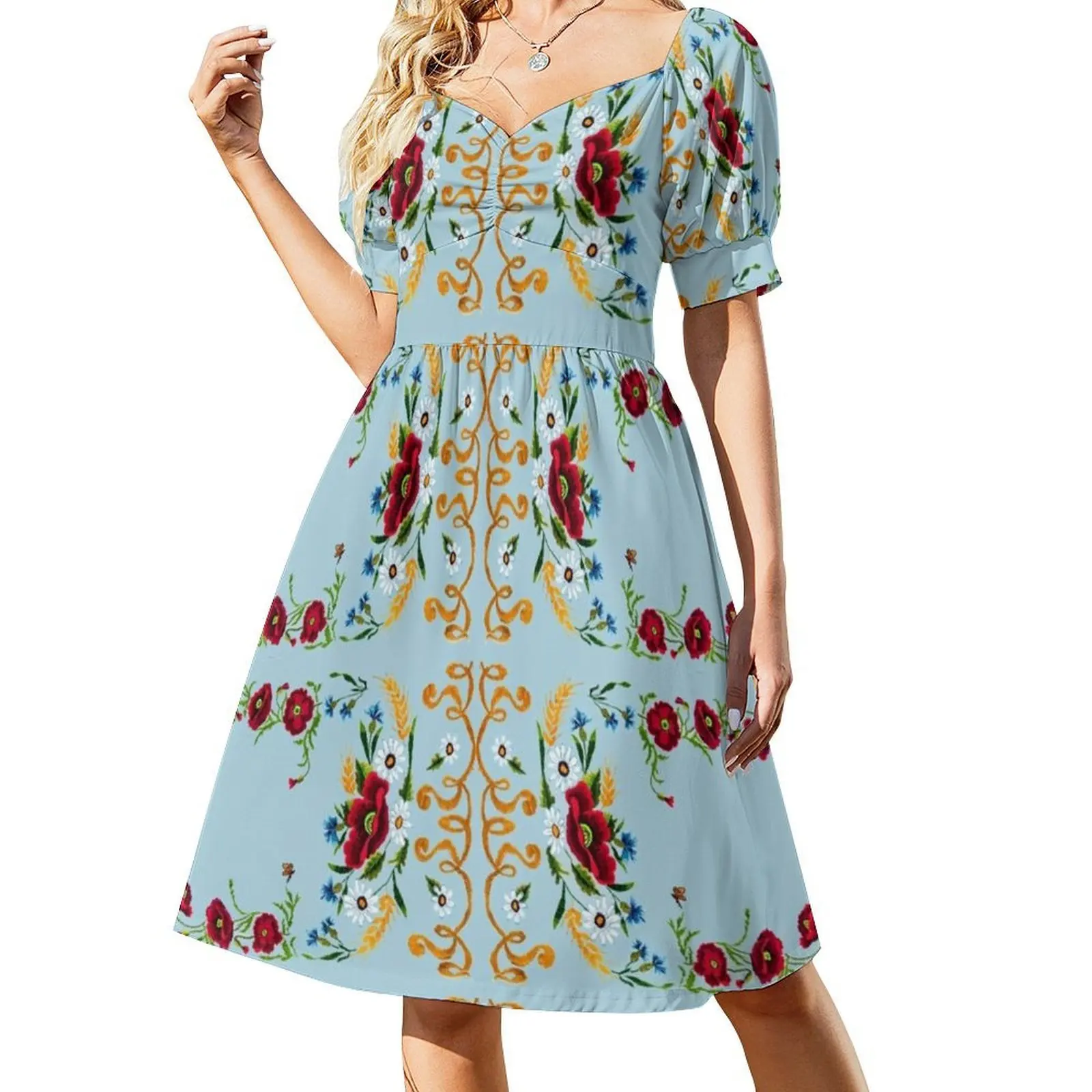 فستان الخشخاش والذرة المطرز باللون الأزرق على شكل قلب فستان أنيق للحفلات الصيفية للنساء مطرز بالصليب الأوكراني