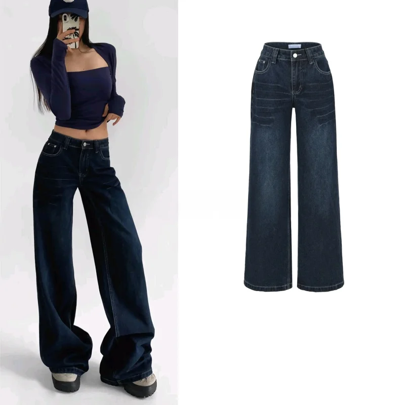 

Low Waist Wide Leg Jeans Women's Faion Winter New Arrival Hong Kong Sle Waed Effect Loose Fit Floor Length Denim Pants