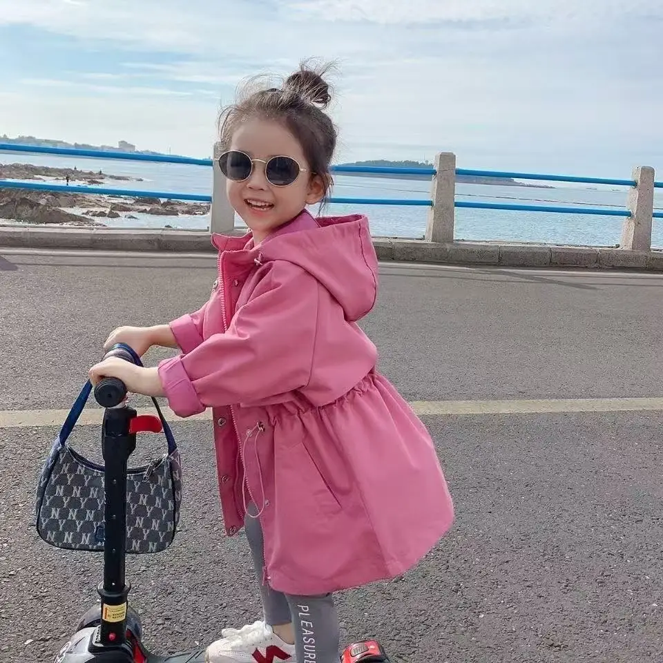 2026 Hot Selling Spring Autumn Girls Coat Long Style Waist Retractable Hoodies Windbreaker Jacket For 2-12 Years Old Kids