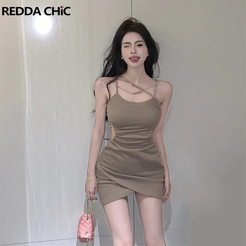 

REDDACHiC Chain Decor Women Ruched Bodycon Casual Solid Rib Knit Asymmetric Hollow-out Camisole Mini Dress Sexy Summer Clothes