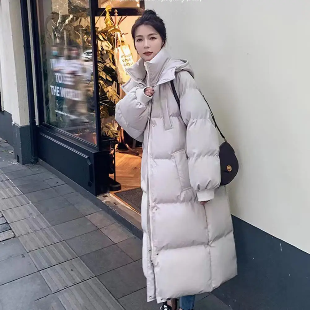 Loose Winter Women Down Coat Zipper Hooded Windbreaker Midi Length Cardigan Padded Stand Collar Overcoat Coat Outdoor